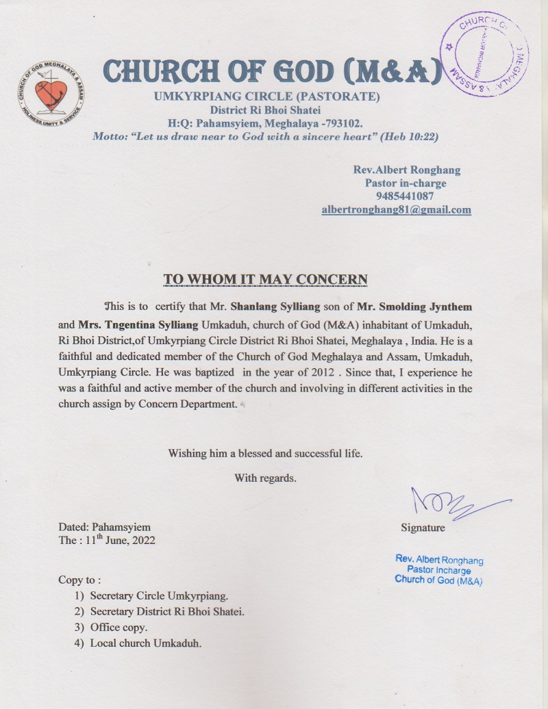 A recommendation letter from the pastor/ head of institution.