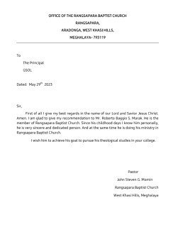 A recommendation letter from the pastor/ head of institution.
